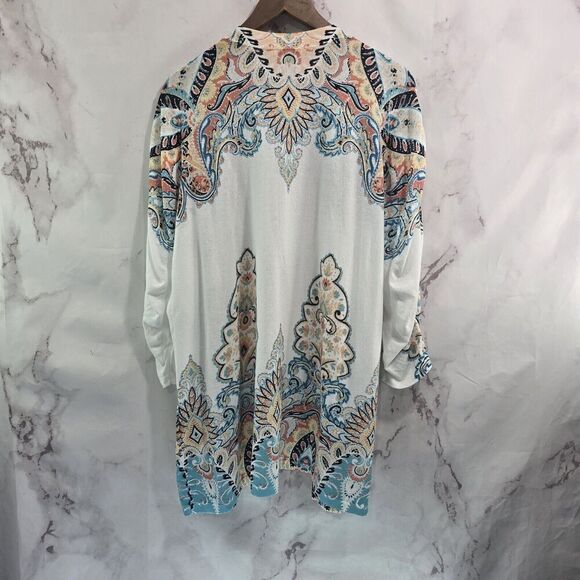 Chicos Cardigan Womens 3 XL White Blue Sweater Lightweight Ruched Sleeve Artsy - Picture 6 of 12